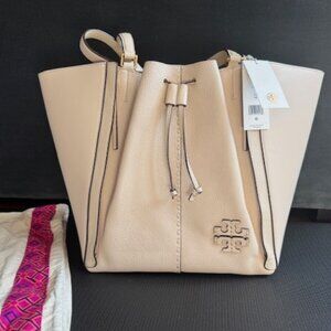 NEW Tory Burch McGraw Dragonfly Brie Cream Leather Oversized Drawstring Tote Bag